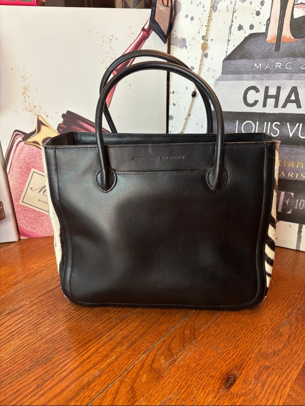 Adrienne Vittadini Leather & Zebra Calf Hair Tote EUC
